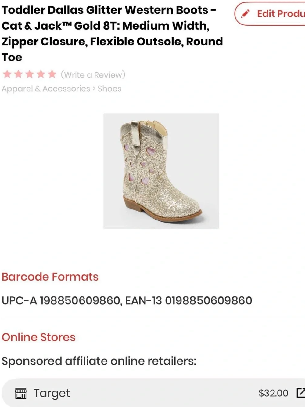 Cat & Jack Toddler Glitter Cowboy Boots in Gold with Pink Hearts